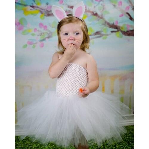 Cute Baby White Rabbit Easter Dress Girls Tulle Tutu Dress with Pink Ears Hairbow Kids Birthday Party Cartoon Costume Dresses