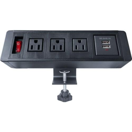 Multi-media clip desk Mounted Socket 3 American Plug power outlets on off switch USB Charging 5V 2.1A Power Strip