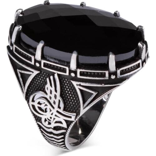 Men Silver Ring With Big Oval Black Zircon Stone And Ottoman Tugra Motif, Made In Turkey, Solid 925 Sterling Silver