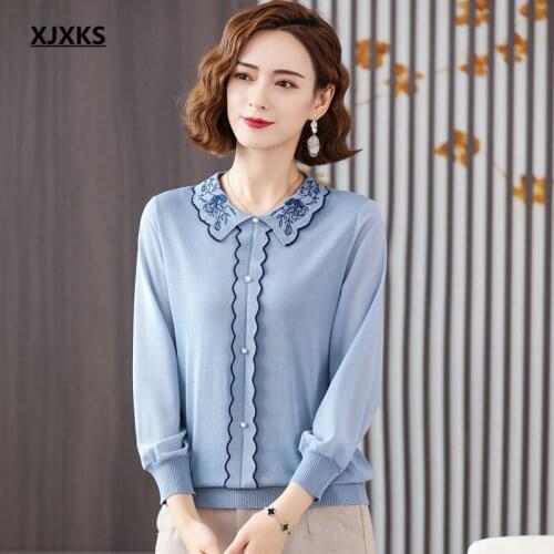 XJXKS 2021 autumn new loose plus size women thin sweater fashion lapel delicate embroidery sweater women pullover