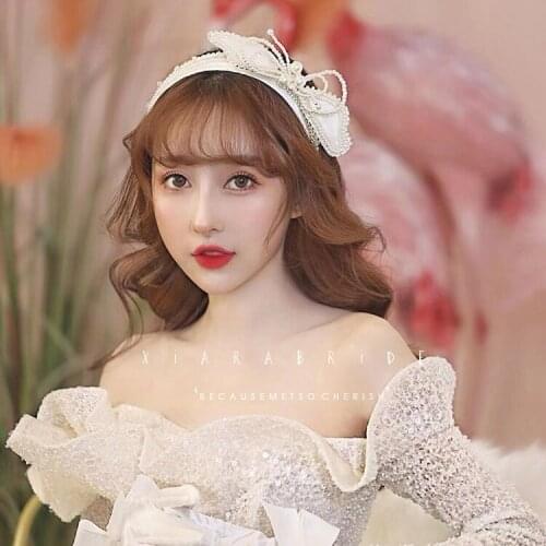 New Korean style satin three-dimensional pearl bow tie headband Fashion wedding bridal wedding dress Super fairy head accessorie