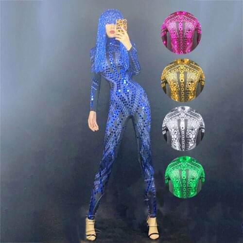 Nightclub Bar Dance Clothes Halloween Festival Clothing Women Fake Flesh Printed Sequined Long Jumpsuit Stage Costume XS2615