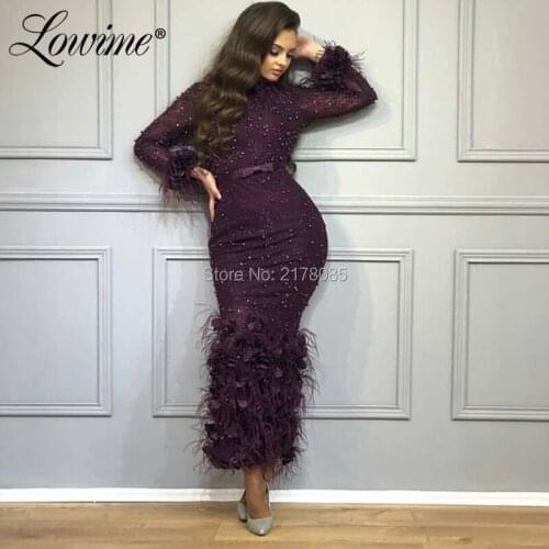 Formal Muslim Saudi Arabic Evening Dresses 2019 Purple Feather Beaded Custom Made Ankle Length Party Dress Long Sleeves Dubai