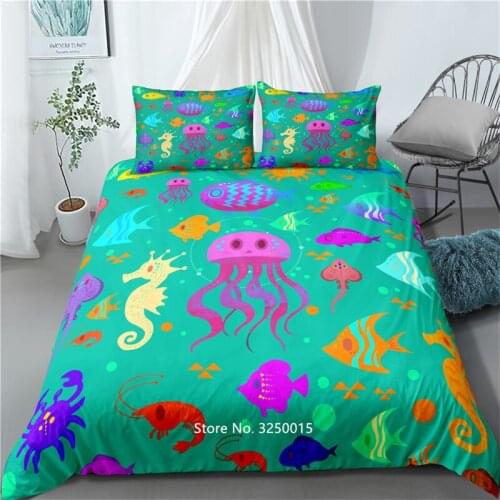 Cartoon Marine Creatures Quilt Cover Pillowcase Green Blue Bedding 2-3 High Quality Jellyfish Seahorse Fish Dolphin Crab Pattern
