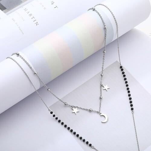 Moon and Star Charms Double Layer Chains Necklaces For Women Choker Long Necklace Stainless Steel Trendy Jewelry Party 2021 New