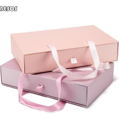 Simple Fashion Pink Purple Party Underwear Clothes Silk Scarf Rectangular Pull Handle Carrying Cardboard Paper Gift Box B227D