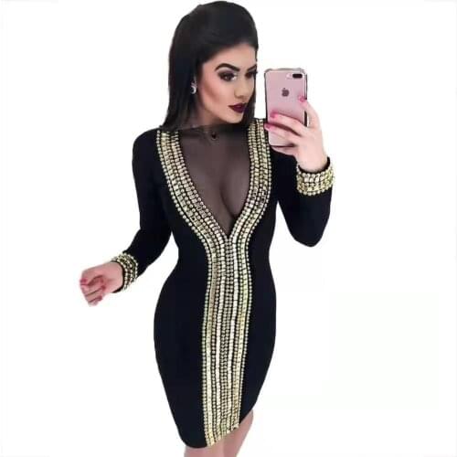 Luxury Diamonds Sexy Mesh Patchwork Women Long Sleeve Party Dress 2021 Casual Bodycon Nightclub Vintage Femme Vestidos 10306