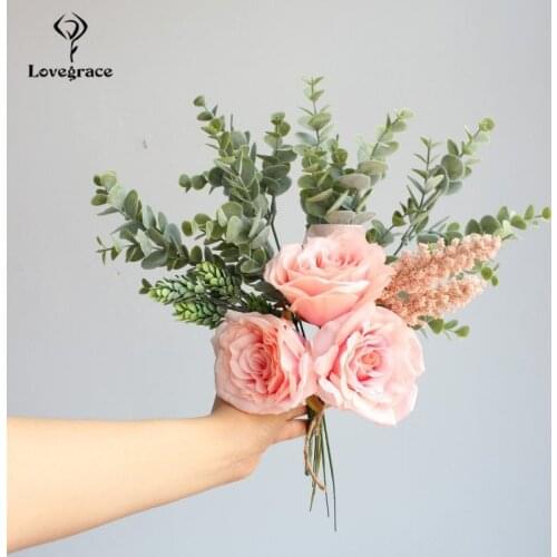 Lovegrace Bride Wedding Bouquet Bridesmaid Holding Flower Artificial Silk Rose Flower Wedding Supplies Vanilla Spike Home Decor
