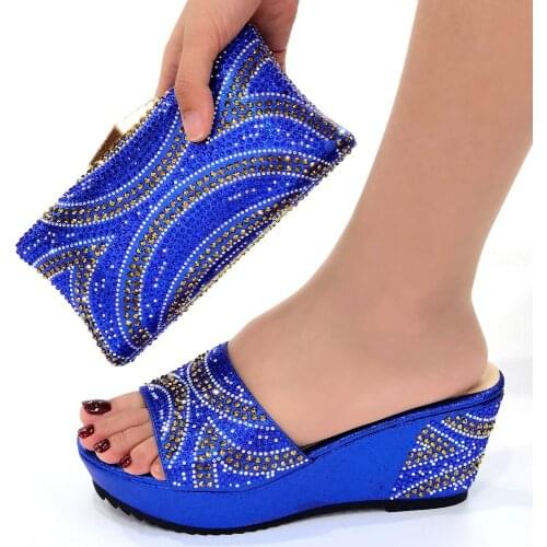 Fashion Royal Blue Women Shoes Match Purse With Crystal Decoration African Dress Pumps And Handbag Set CR665,Heel 8CM
