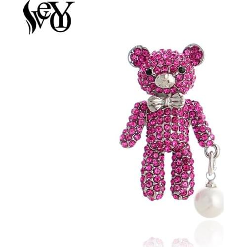 VEYO Cute Pink Bear Pearl Rhinestone Brooches Pins Trendy Badge for Women Fashion Jewelry Gift