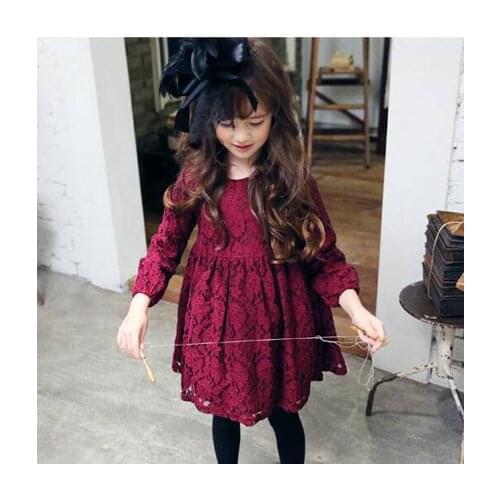 Wine Color Little Girl Lace Dress With Big Bow Baby Children Kids Korean Cute Clothing Big Bow Dress For Prom Or Wedding Party