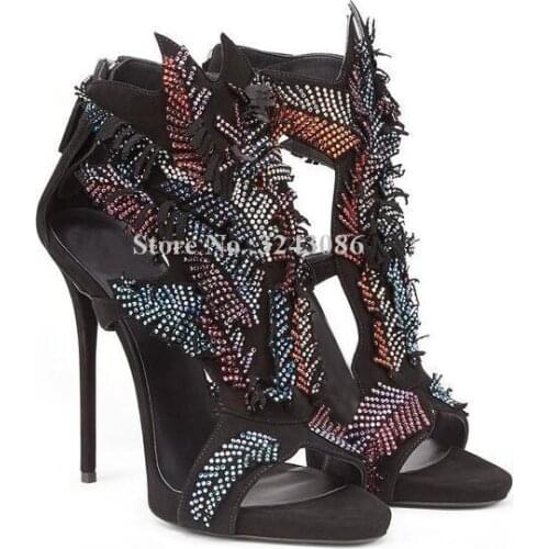 New Design Leafs Women Crystal Sandals Sexy Platform Mixed Color Rhinestone Stiletto Heel Gladiator Sandals Lady Party Heels