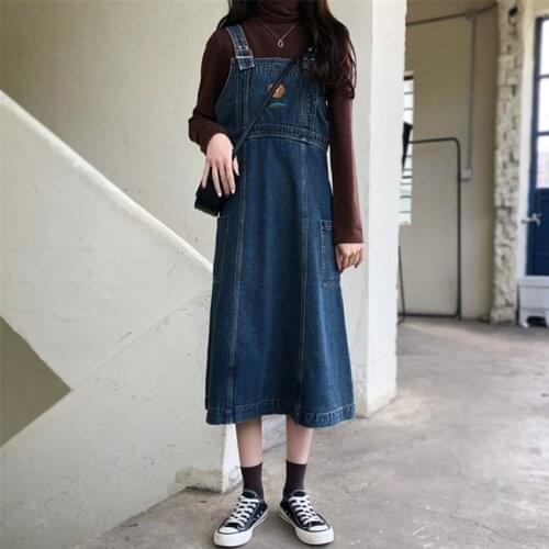 Preppy Style Florl Embroidery Cute Denim Suspenders Dresses Women Sleevess Denim Sundress Japan Vintage Jeans Dress Vestidos