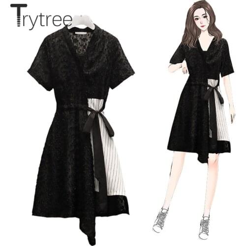 Trytree 2020 Summer Women Two Piece Set Casual V-neck Patchwork Lace Bandage Top + Sling Dress Solid Fashion Set 2 Piece Set