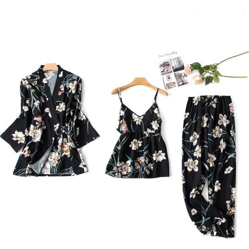 Women Cotton Summer Sexy Lingerie Pijiama Floral Long Sleeve Robe Pants Pajamas Gown Korean Three Piece Pajama Sets Sleepwear