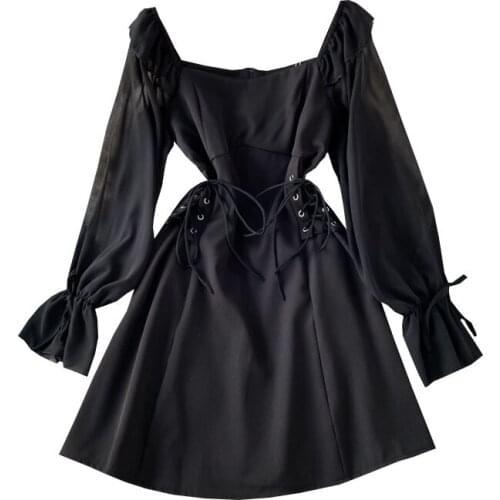 Autumn Dress 2021 Retro Gothic Women White Slim Waist Bandage Dress Ruffled Puff Sleeve Korean Vestidos Spring Black