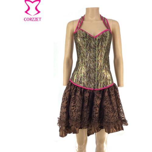 Sexy Corset Dress Burlesque Green Bodyshaper Overbust Halter Gorset Corsets Top+Brown Lace Tulle Skirt Gothic Robe Bustier Femme