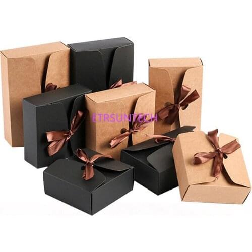 100pcs/lot Black/Brown Kraft Paper Gift Boxes With Ribbon Bow Party Kraft Paper Carton Gift Packing Boxes Wholesale