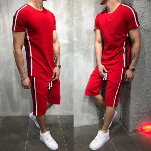 2019 New Mens Sportswear Jogging Tops Sports Short Sleeve T-shirt Knee High Pants 2PCS Gym Running Set