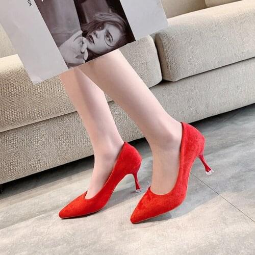 2020 Shoes Woman Spring Black Slip On New High Heels Shoes Women Flock Point Toe Low Heels Female Shoes Office Ladies W37-58