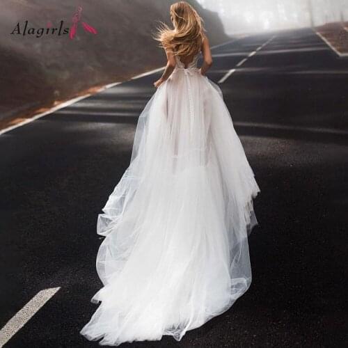 Alagirls Fairy spaghetti straps mesh wedding dress 2021 Women sexy v-neck backless robes Beach sweep train tulle dress for bride