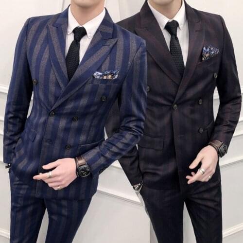 2020 Brand Double Breasted Striped Mens Suits Groom Wedding Suit 3 Pieces Formal Male Blazer Business Tuxedo Jacket Vest Pants