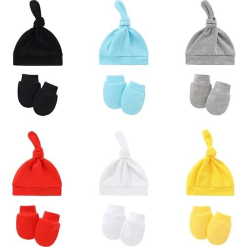 Baby Anti-scratching Gloves Knotted Hat Set Newborn Mittens Warm Beanie Cap Kit Infants Shower Gifts G99C