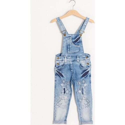 Stone Embroidered Denim Fabric Girls Jeans Overalls