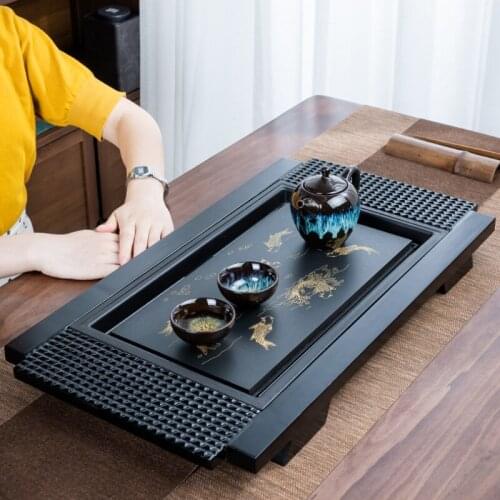 Stone Wooden Tea Tray Drainage Eco Friendly Luxury Chinese Dry Bubble Tea Tray Kung Fu Tea Set Bandeja Madera Teaware 50