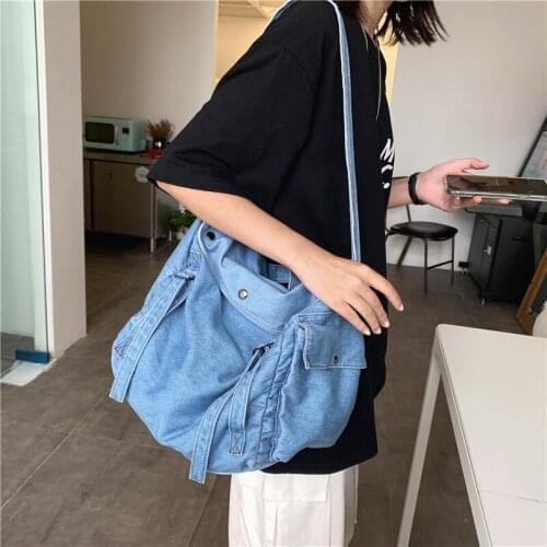 Cowboy canvas bag ins Japanese Harajuku tooling wind womens bag Korea simple solid color student shoulder messenger bag women