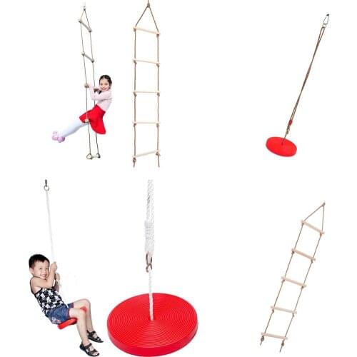 Red Heavy Duty Disc Rope Swing + Climbing Ladder for Kids Outdoor Backyard Playground Play