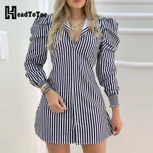 Striped Button Design Puffed Sleeve Shirt Dress