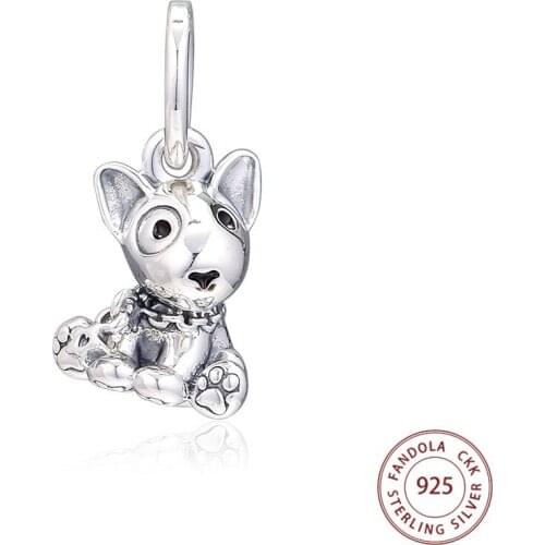 Authentic 925 Sterling Silver Bull Terrier Puppy Dangle Charms Beads Fits Pandora Bracelets Women DIY Jewelry Making