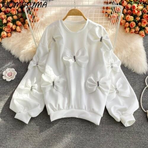 Nomikuma Long Sleeve Diamond Bowknot Pullover Sweatshirt Causal Autumn New Women Jumper 2021 Chic Fashion Hoodies Top 6X281