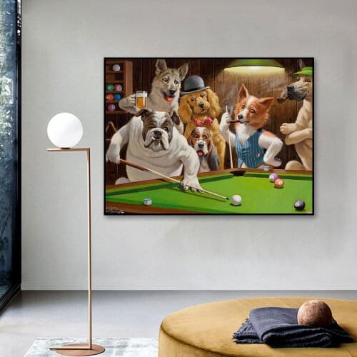 Dogs Playing Pool Billiard Canvas Painting Funny Animal Posters and Prints Abstract Wall Art Pictures for Living Room Home Decor