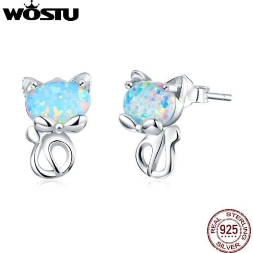 WOSTU Authentic 925 Sterling Silver Cute Cat Opal Stud Earrings For Women Lovely Small Earrings Wedding Jewelry Gift DXE828
