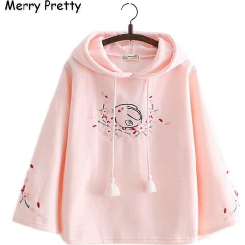 Merry Pretty Women Floral Embroidery Pink Hooded Sweatshirts 2020 Winter Flare Sleeve Plus Velvet Thick Hoodies Sweet Pullovers