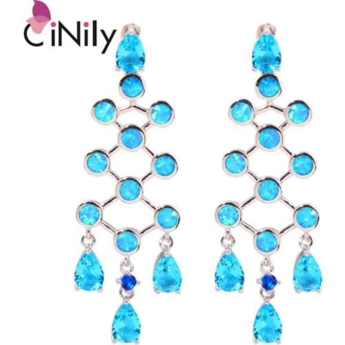 CiNily Created Blue Fire Opal Blue Zircon Silver Plated Wholesale Hot Sell Party for Women Jewelry Stud Earrings 2 1/8" OH3926