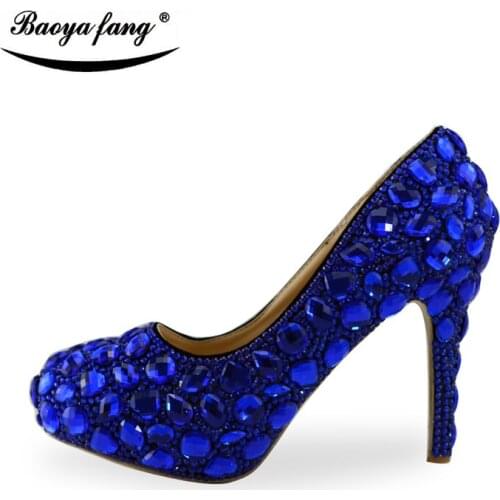 BaoYaFang Royal Blue cyrstal wedding shoes New arrival woman shoes womens Pumps high heel platform shoes big size