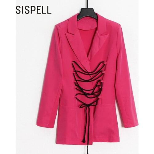 SISPELL Patchwork Strap Womens Blazer Coat Lapel Collar Long Sleeve High Wiast Slimming Hit Color Womens Coat Fahsion 2021