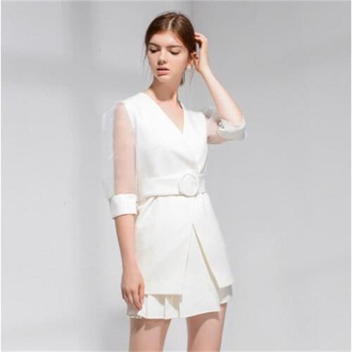 White Summer high-end fashion Leisure sets womens Slim mesh gauze bubble sleeve pleated skirt pant Two-piece suit women New
