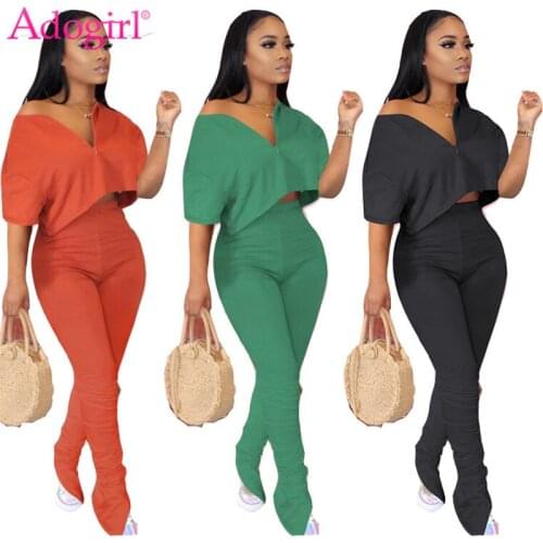 Adogirl S-3XL Solid Two Piece Set Women Tracksuit Zipper V Neck Short Sleeve T Shirt Crop Top Ruched Pants Fashion Casual Suits