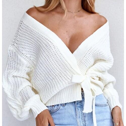 Foridol white vintage front tie cardigans women autumn winter v neck belt short knitted lace up cardigans autumn winter 2020