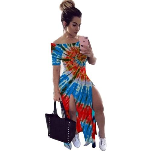 2020 Women Summer Dress Long Maxi Dress Slash Neck Tie-dye Print Sexy Bandage Beach Night Club Party Dresses Vestido GL8549