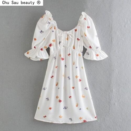 2021 French Vintage Print Dress Women Summer Square Collar Puff Sleeve Elastic Waist Lace-Up Mini A-Line Dress Vestido