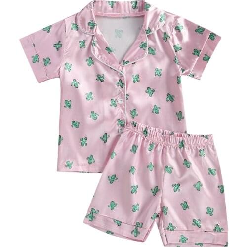 2021 2-6Y Toddler Baby Girl Pajama Set Summer Silk Sleepwear Cactus Print Button Short Sleeve Top+Loose Shorts Nightwear 2pcs
