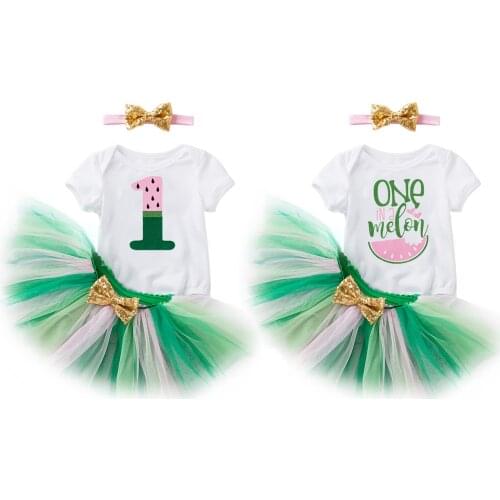3pcs 0-24 M BirthDay Princess Infant Toddler Baby Girl Dress Water Melon Printing Short Sleeve Romper & Skirt Set-Kids Clothes