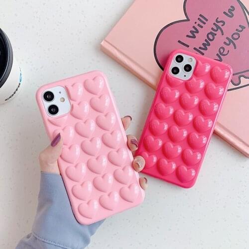 3D Cute Pink Love Heart Phone Case for Iphone 6 7 8 Plus X XR XS Max 11 12 Mini Pro Max Kawaii Soft Back Cover Funda For Girls