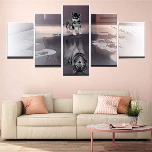 5 Panels Wall Art Canvas Painting Dog Husky Grow Up Modular Decor Poster Home Decoration Living Room Bedroom Wall Mural Unframed