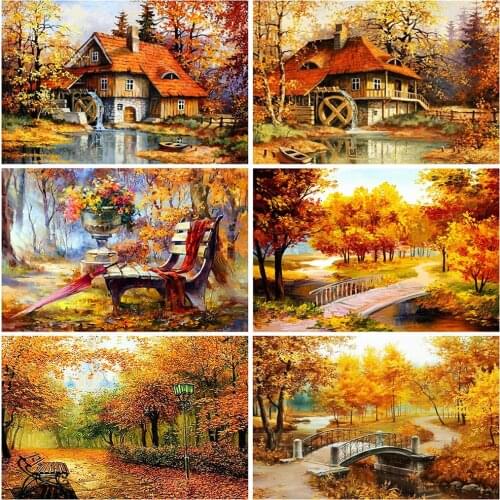 EverShine Full Drill Square Diamond Embroidery Landscape Diamond Painting House Rhinestones Mosaic Autumn Picture Handmade Gift